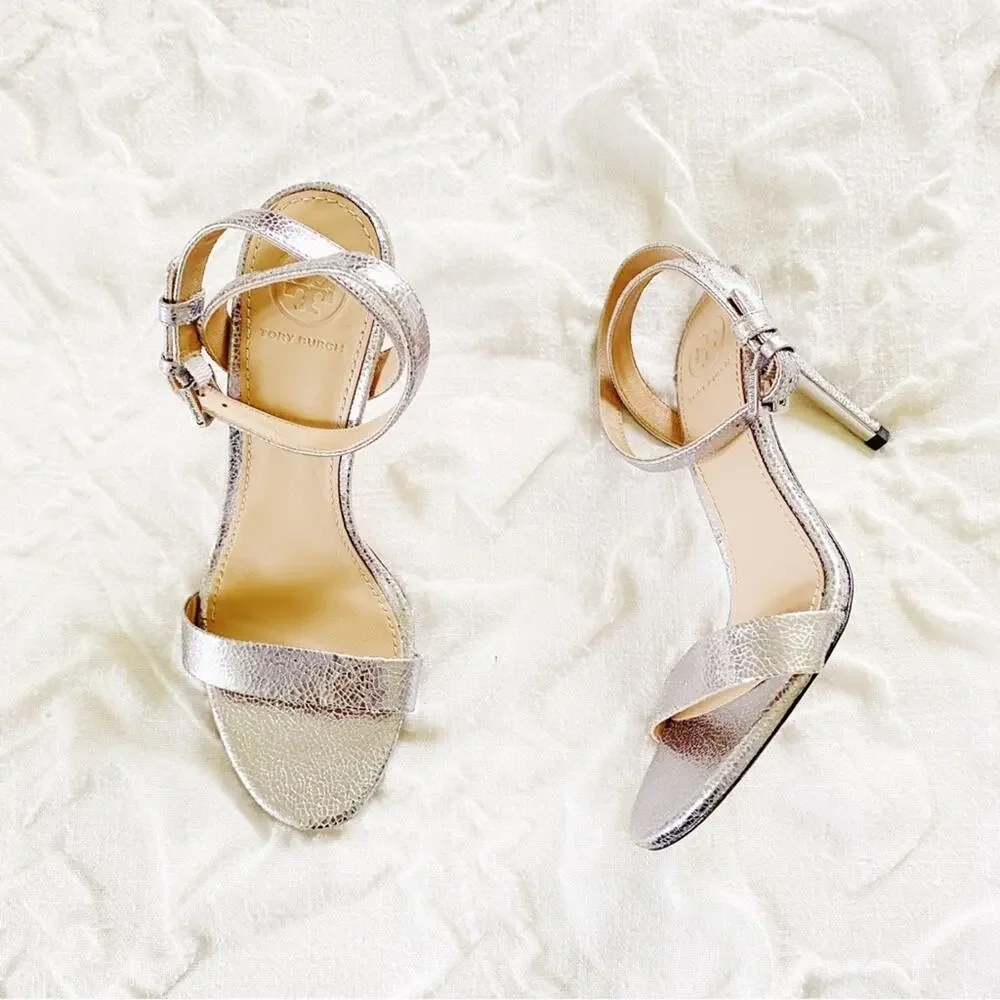 Tory Burch Elana Silver AnkleWrap Heels Size 5.5
